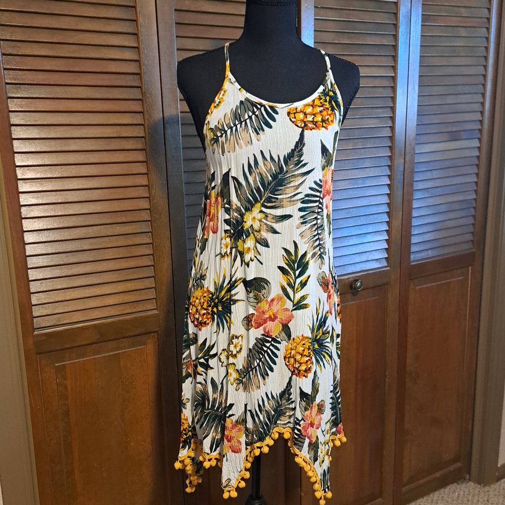 Tropical Asymmetrical Dress with Yellow and Pink Floral Design
